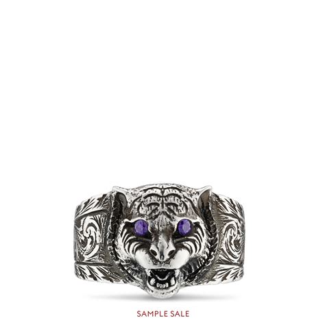 gucci sterling silver feline head carved ring|Thin silver ring with feline head .